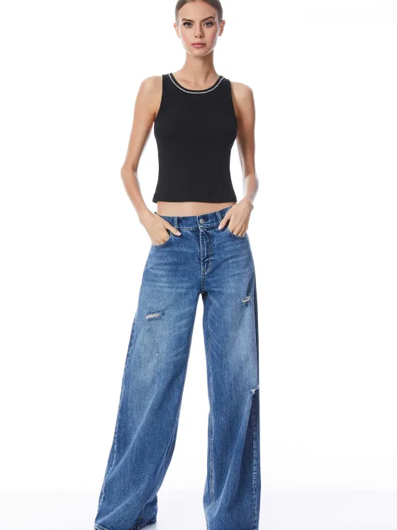 Women Alice and Olivia Allen Embellished Neck Ribbed Tank