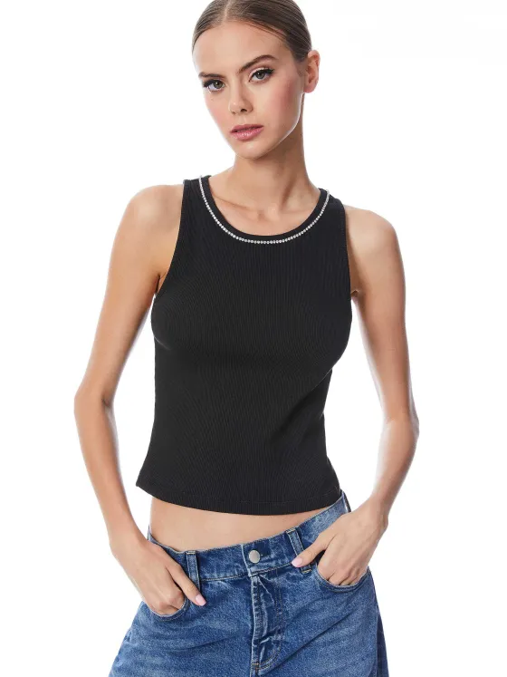 Women Alice and Olivia Allen Embellished Neck Ribbed Tank