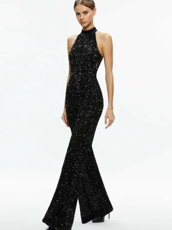 Women Alice and Olivia Cataline Sequin High Neck Wide Leg Jumpsuit