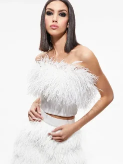 Women Alice and Olivia Ceresi Feather Top + Cina Feather Mini Skirt