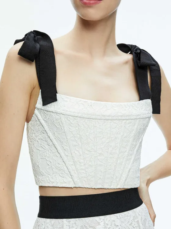 Women Alice and Olivia Clara Bow Strap Bustier Crop Top + Earla Lace Midi Skirt
