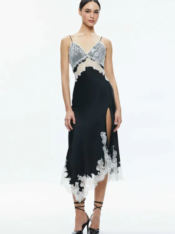 Women Alice and Olivia Daphne Lace Asymmetrical Slit Midi Dress