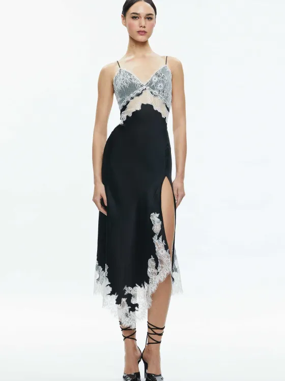 Women Alice and Olivia Daphne Lace Asymmetrical Slit Midi Dress