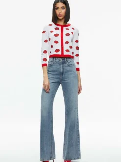 Women Alice and Olivia Daroda Kiss Crewneck Cropped Cardigan