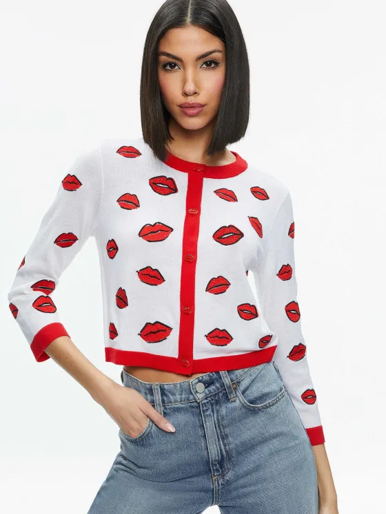 Women Alice and Olivia Daroda Kiss Crewneck Cropped Cardigan