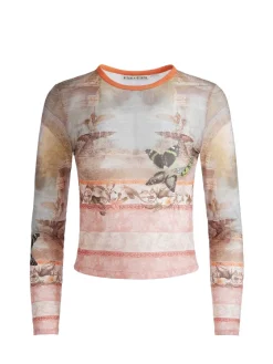 Women Alice and Olivia Delaina Printed Mesh Long Sleeve Crop Top