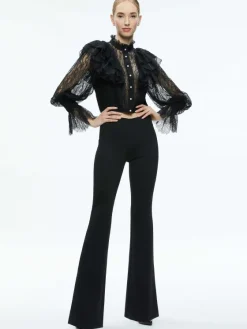 Women Alice and Olivia Delpha Ruffle Lace Blouson Sleeve Cropped Top