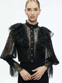 Women Alice and Olivia Delpha Ruffle Lace Blouson Sleeve Cropped Top