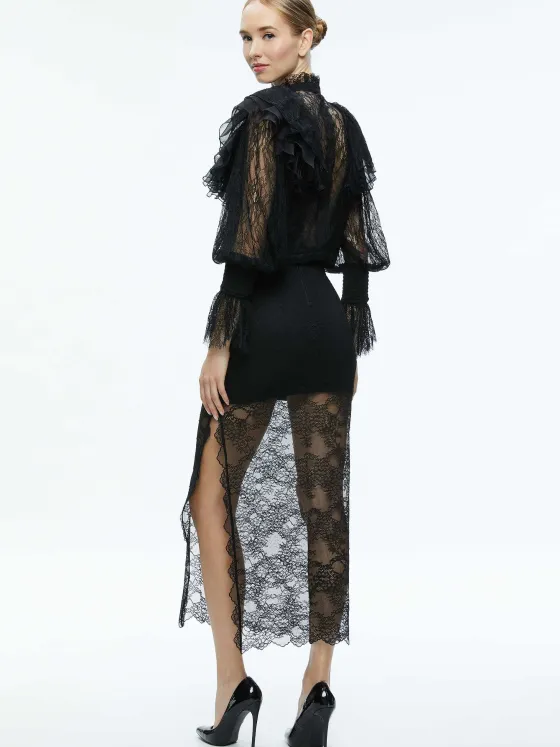 Women Alice and Olivia Delpha Ruffle Lace Blouson Sleeve Cropped Top