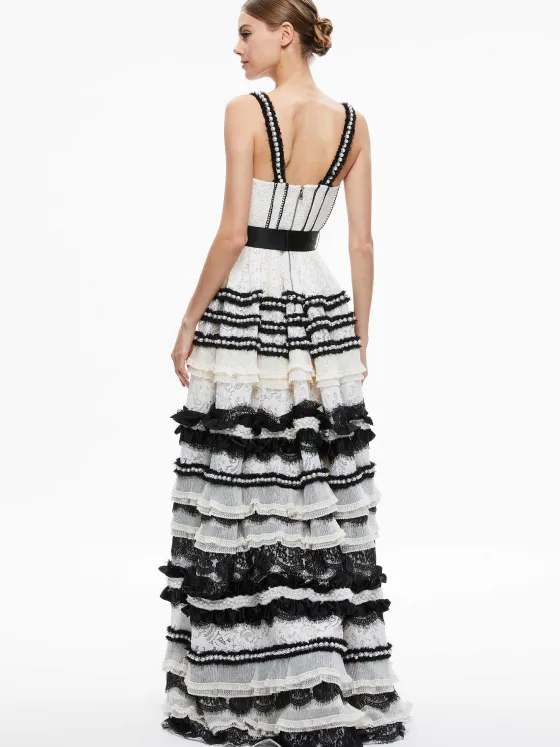 Women Alice and Olivia Denita Bustier Ruffle Gown
