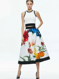 Women Alice and Olivia Earla High Rise Flared Midi Skirt