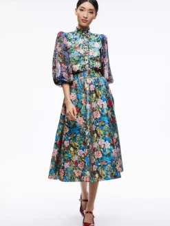 Women Alice and Olivia Earla Vegan Leather Flare Skirt + Ilan Smocked Sleeve Button Front Blouse