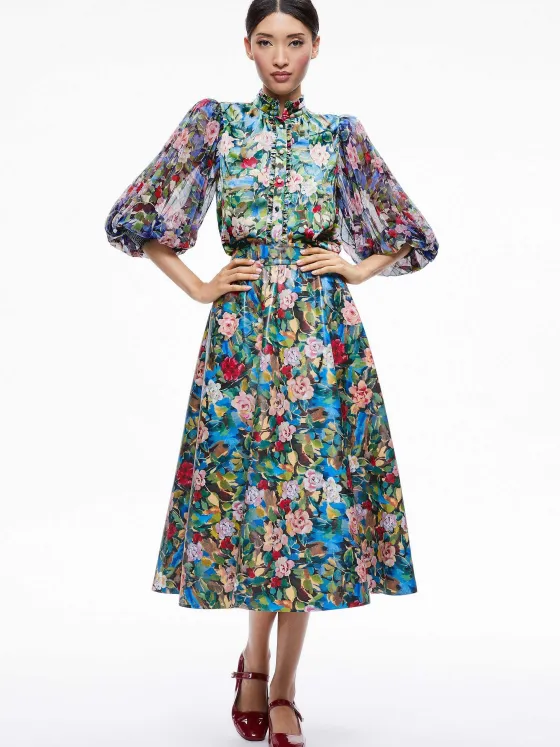Women Alice and Olivia Earla Vegan Leather Flare Skirt + Ilan Smocked Sleeve Button Front Blouse