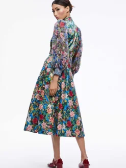 Women Alice and Olivia Earla Vegan Leather Flare Skirt + Ilan Smocked Sleeve Button Front Blouse