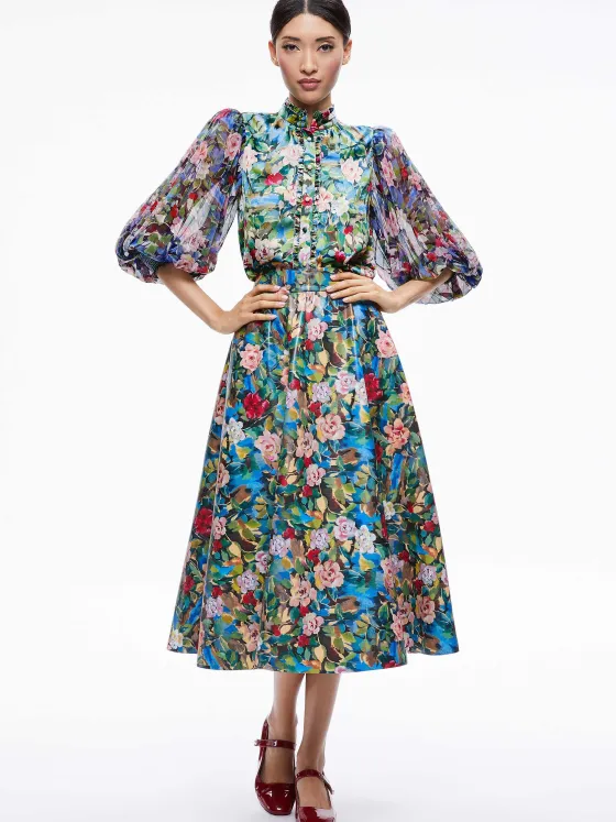 Women Alice and Olivia Earla Vegan Leather Flare Skirt + Ilan Smocked Sleeve Button Front Blouse