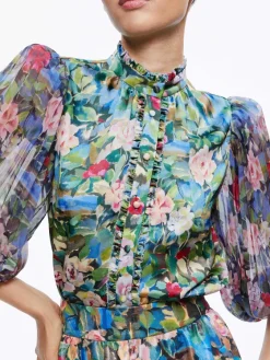 Women Alice and Olivia Earla Vegan Leather Flare Skirt + Ilan Smocked Sleeve Button Front Blouse