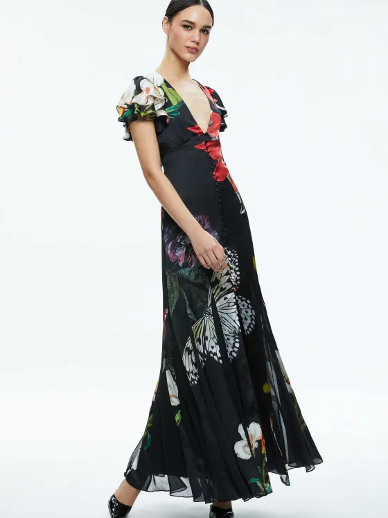 Women Alice and Olivia Fara Deep V-Neck Flutter Sleeve Maxi Dress