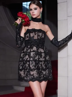 Women Alice and Olivia Gerda Strapless Sequin Lace Mini Gown