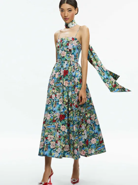 Women Alice and Olivia Glynis Spaghetti Strap Scarf Midi Dress