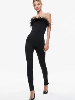 Women Alice and Olivia Idell Off Shoulder Feather Trim Jumpsuit