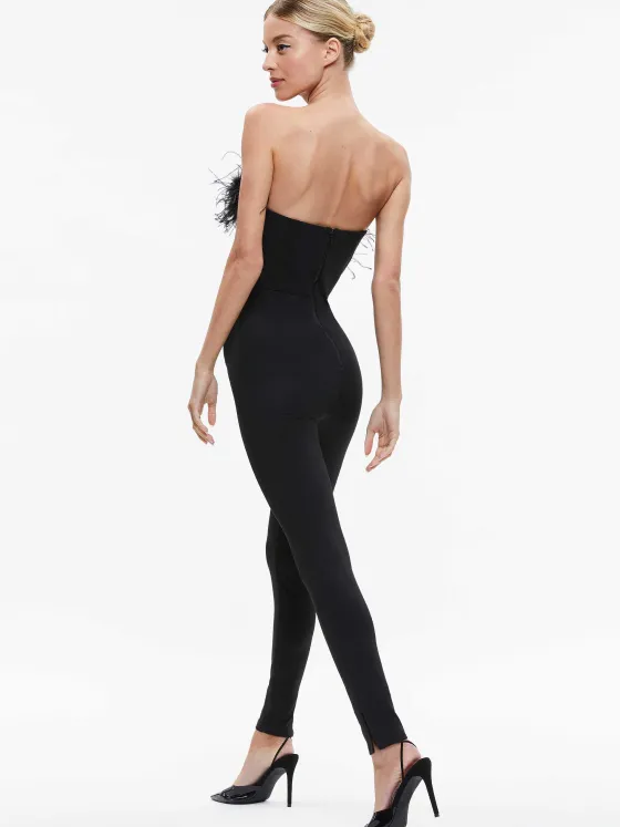 Women Alice and Olivia Idell Off Shoulder Feather Trim Jumpsuit