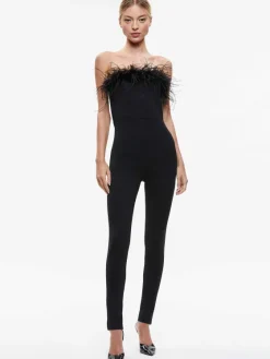 Women Alice and Olivia Idell Off Shoulder Feather Trim Jumpsuit