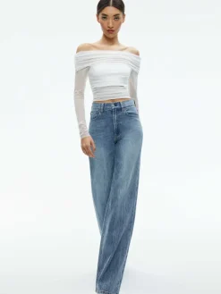 Women Alice and Olivia Isadola Over The Shoulder Ruched Long Sleeve Top