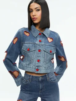 Women Alice and Olivia Jeff Heart Embroidered Cropped Denim Jacket