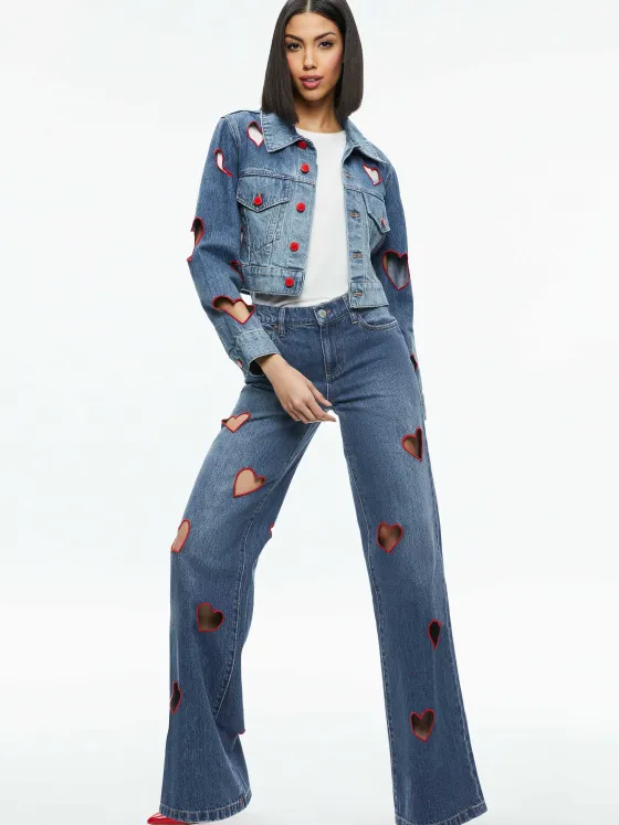 Women Alice and Olivia Jeff Heart Embroidered Cropped Denim Jacket