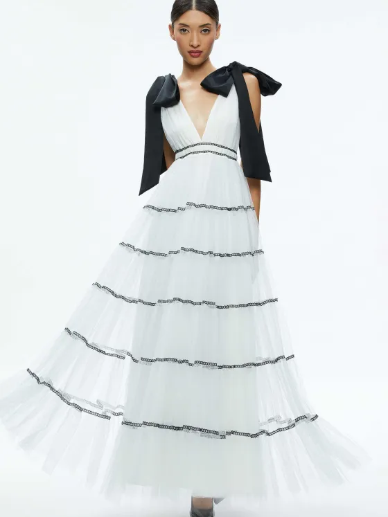 Women Alice and Olivia Jessalyn Bow Strap Tiered Maxi Gown