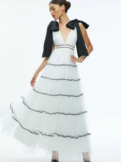 Women Alice and Olivia Jessalyn Bow Strap Tiered Maxi Gown