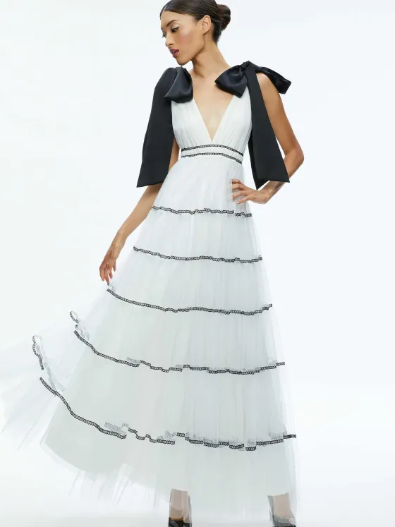 Women Alice and Olivia Jessalyn Bow Strap Tiered Maxi Gown