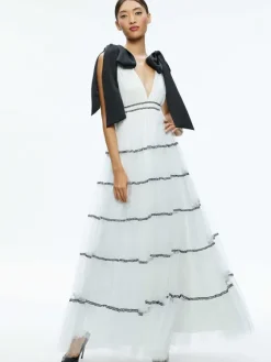 Women Alice and Olivia Jessalyn Bow Strap Tiered Maxi Gown