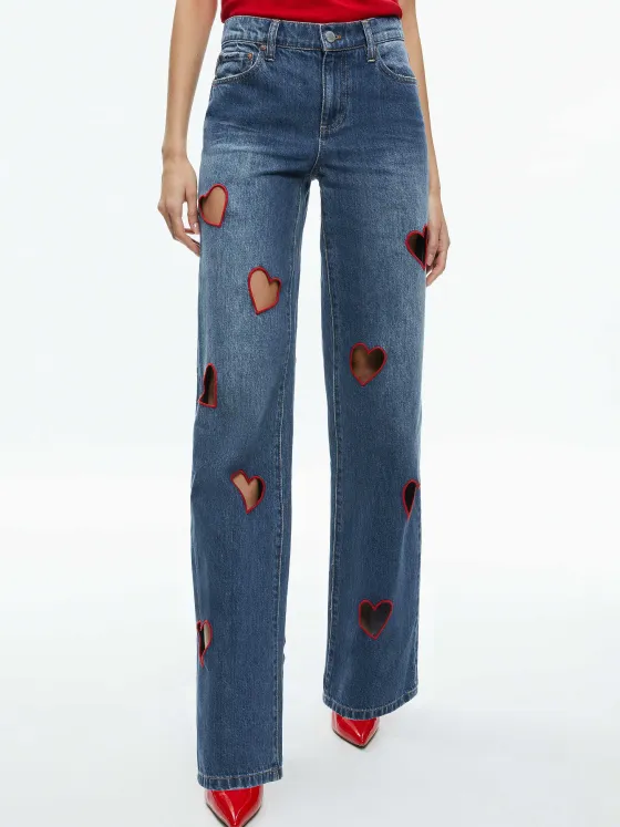 Women Alice and Olivia Karrie Embroidered Heart Cutout Jean