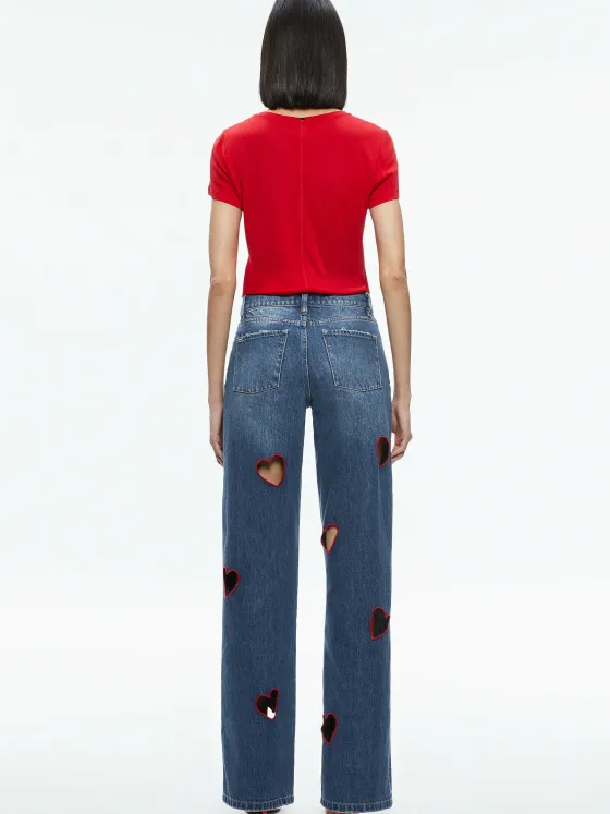 Women Alice and Olivia Karrie Embroidered Heart Cutout Jean