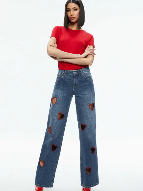 Women Alice and Olivia Karrie Embroidered Heart Cutout Jean