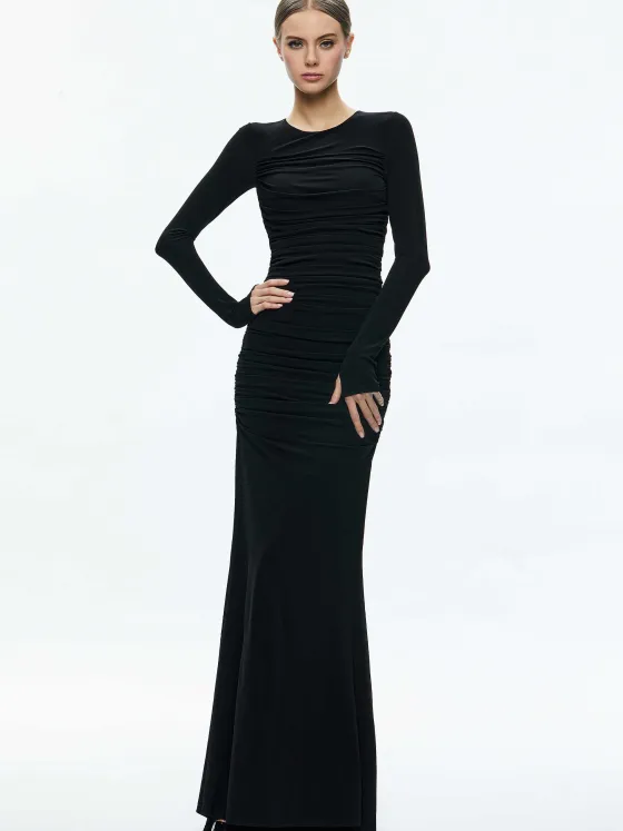 Women Alice and Olivia Katherina Crew Neck Long Sleeve Ruched Maxi Dress
