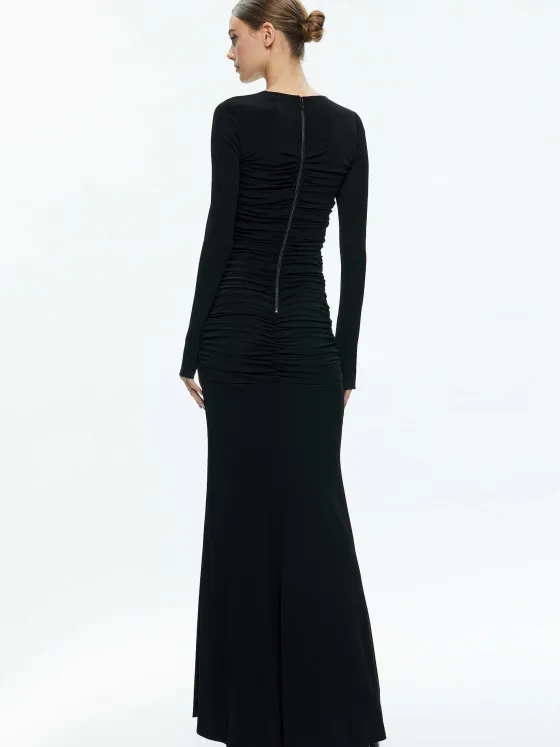 Women Alice and Olivia Katherina Crew Neck Long Sleeve Ruched Maxi Dress