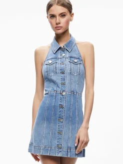 Women Alice and Olivia Kendall Denim Halter Mini Dres