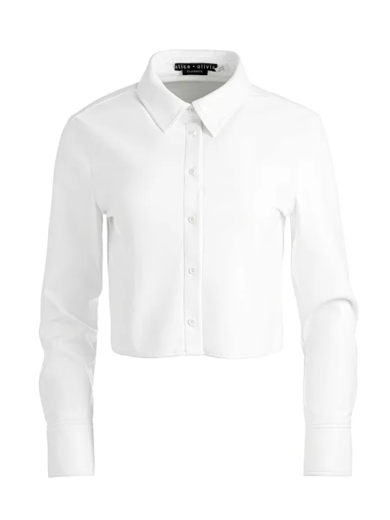 Women Alice and Olivia Leon Cropped Vegan Leather Button Down