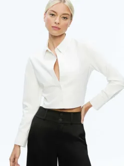 Women Alice and Olivia Leon Cropped Vegan Leather Button Down