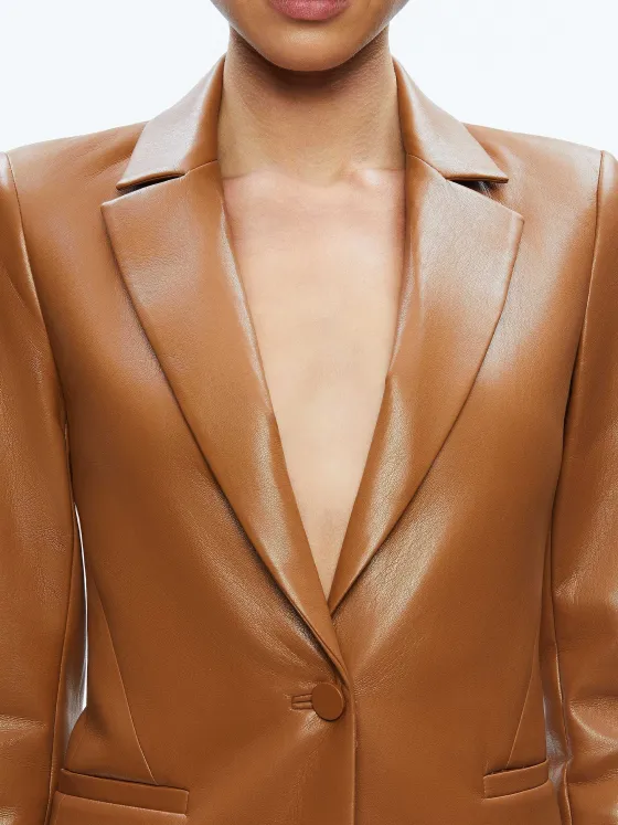 Women Alice and Olivia Macey Fitted Vegan Leather Blazer + Danette Vegan Leather Split Hem Trousers
