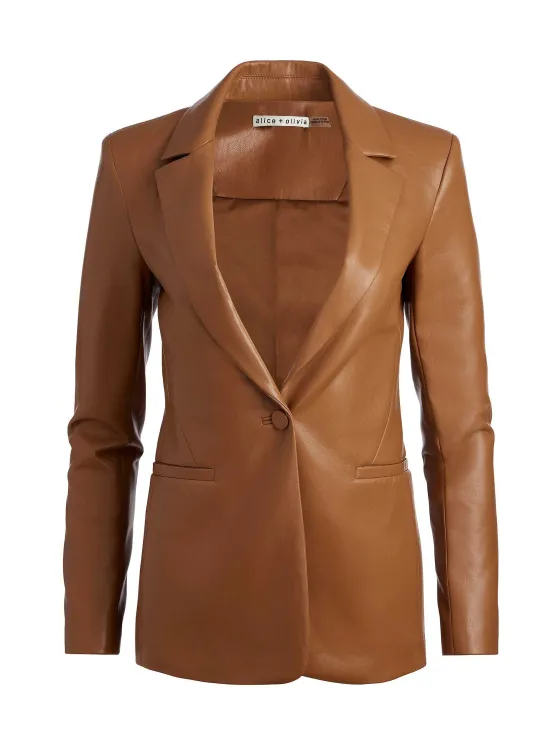 Women Alice and Olivia Macey Fitted Vegan Leather Blazer + Danette Vegan Leather Split Hem Trousers