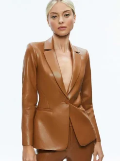 Women Alice and Olivia Macey Fitted Vegan Leather Blazer + Danette Vegan Leather Split Hem Trousers