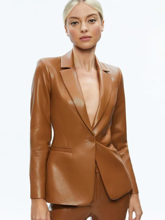 Women Alice and Olivia Macey Fitted Vegan Leather Blazer + Danette Vegan Leather Split Hem Trousers