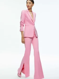 Women Alice and Olivia Macey Notch Collar Fitted Blazer + Danette High Rise Flare Slit Trouser