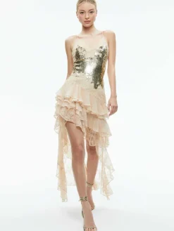 Women Alice and Olivia Nelia Sequined High Low Ruffled Maxi Dress