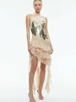 Women Alice and Olivia Nelia Sequined High Low Ruffled Maxi Dress