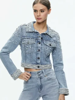 Women Alice and Olivia Nelson Embellished Fitted Denim Jacket