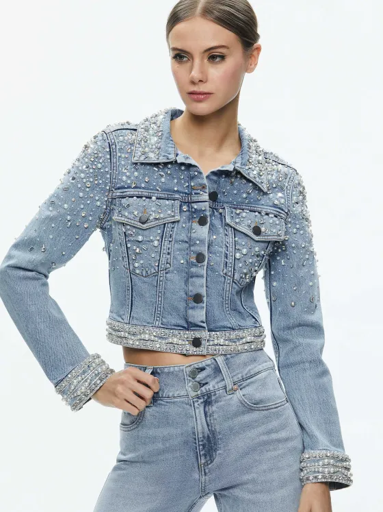 Women Alice and Olivia Nelson Embellished Fitted Denim Jacket